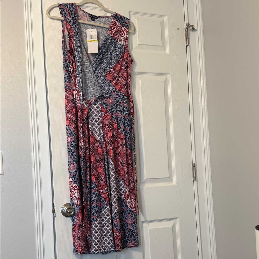 Nina Leonard Pink and Blue Patchwork Maxi Wrap Dress